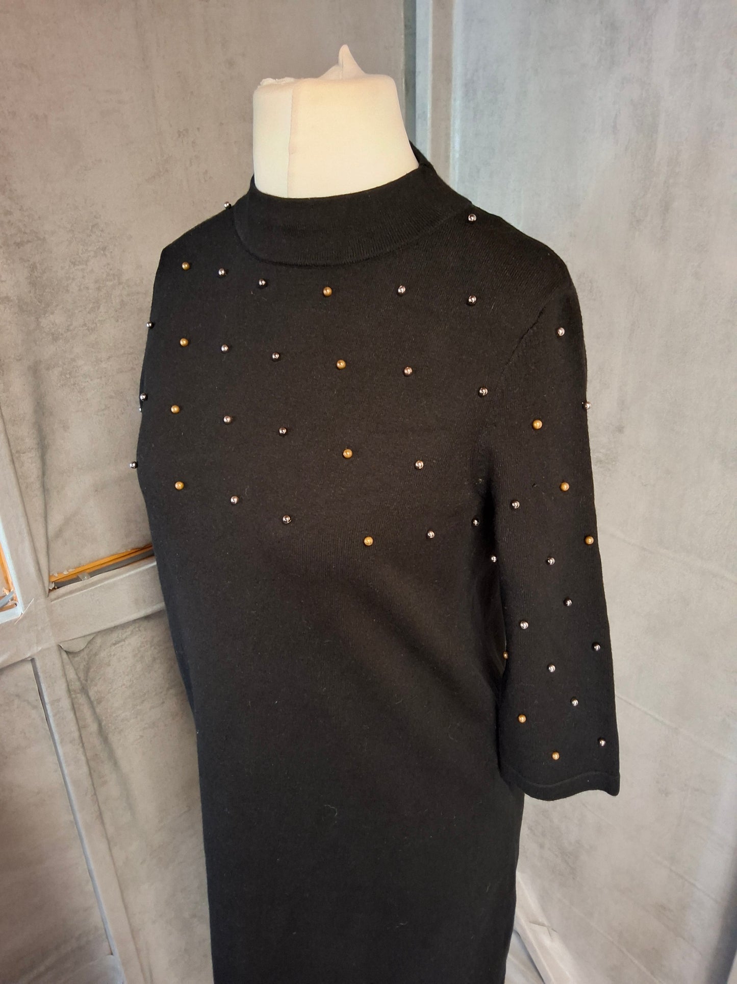 Phase Eight Black Jumper Dress – UK 10 – Gold & Silver Embellished, High Neck
