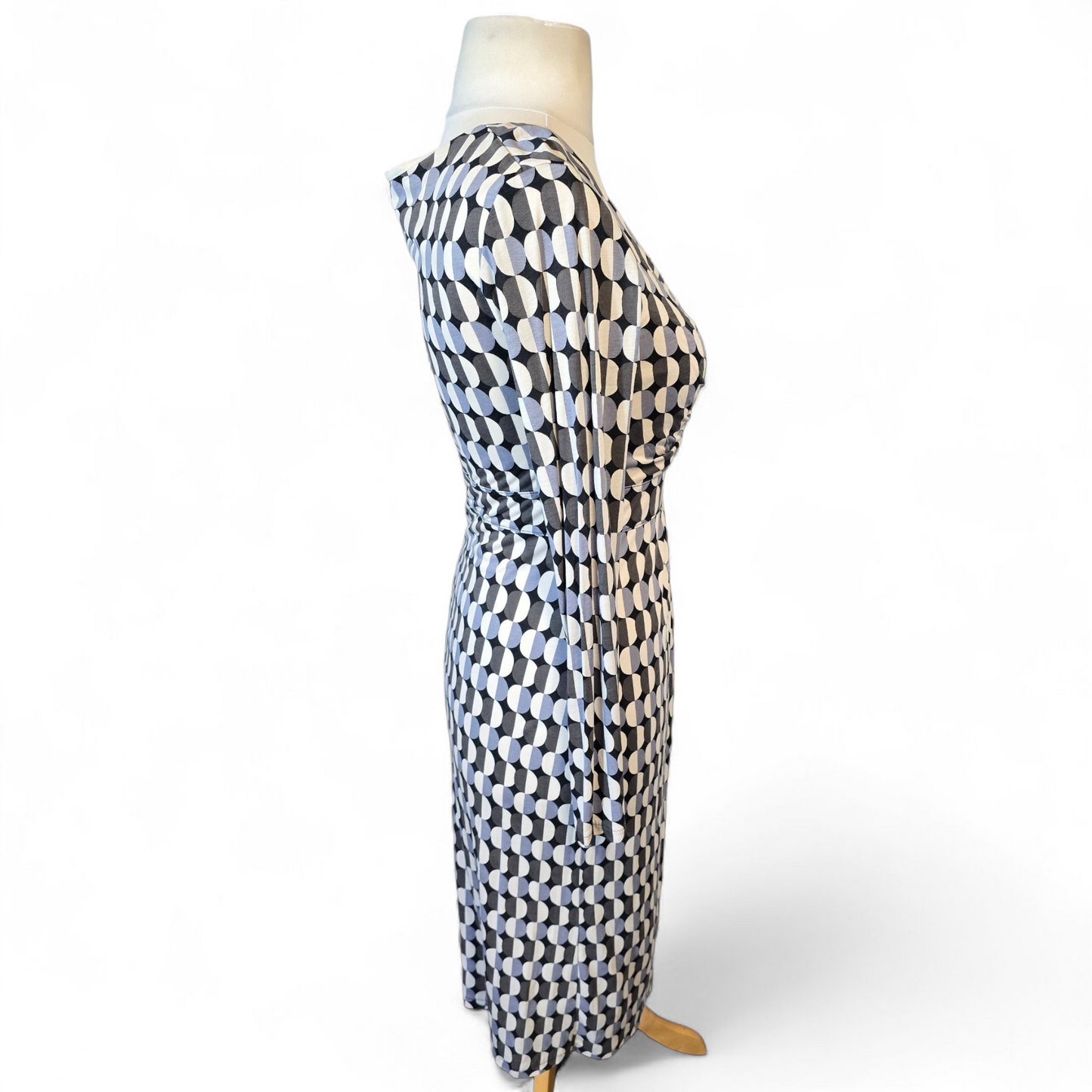 Boden Black, Grey & White Circle Print Midi Dress – Size 8L – Lyocell