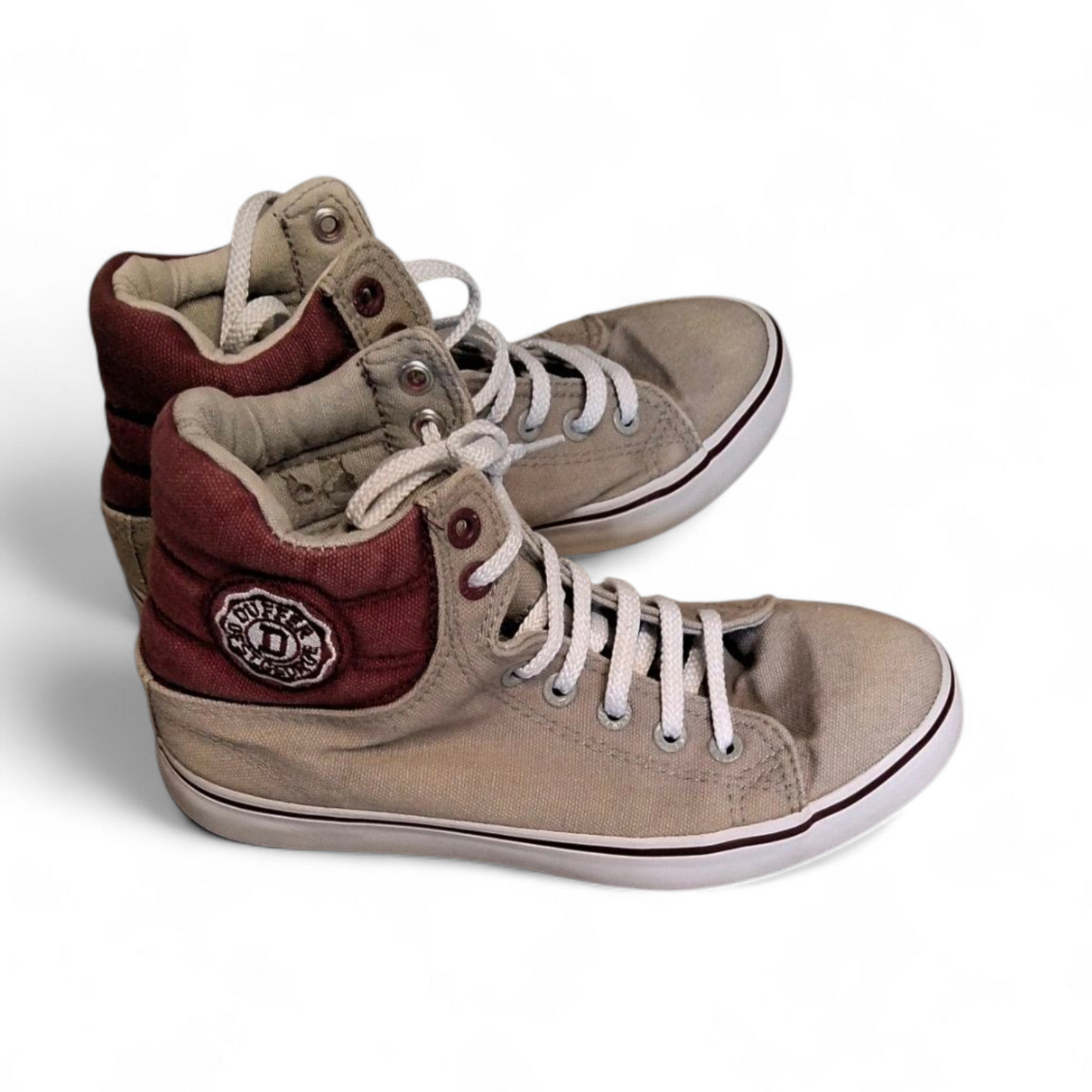 Duffer of St George Burgundy & Grey High-Top Trainers | Unisex | Lace-Up | Size 4