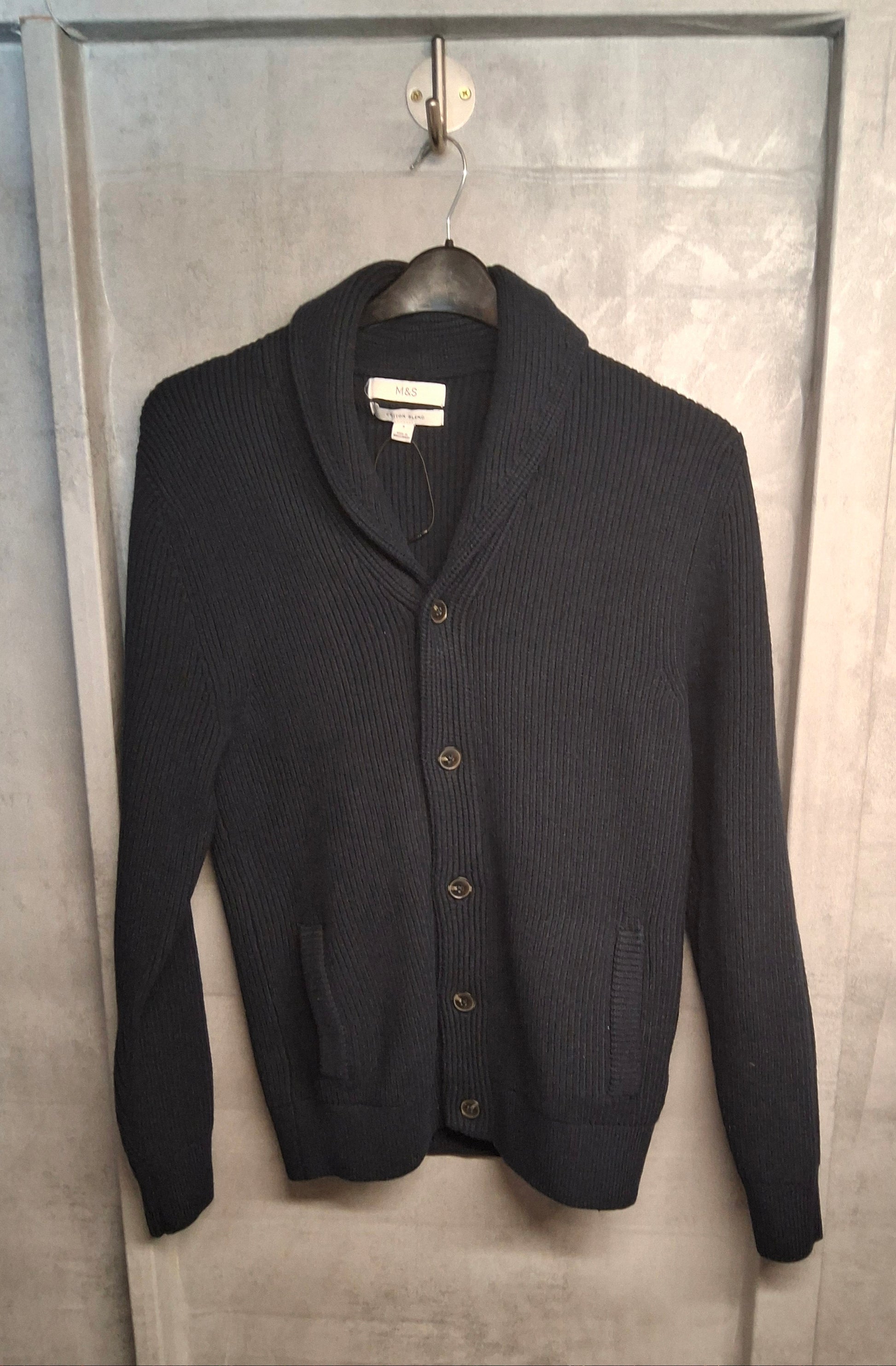 M&S Men’s Navy Knit Cardigan – Shawl Collar, Pockets – Size Small