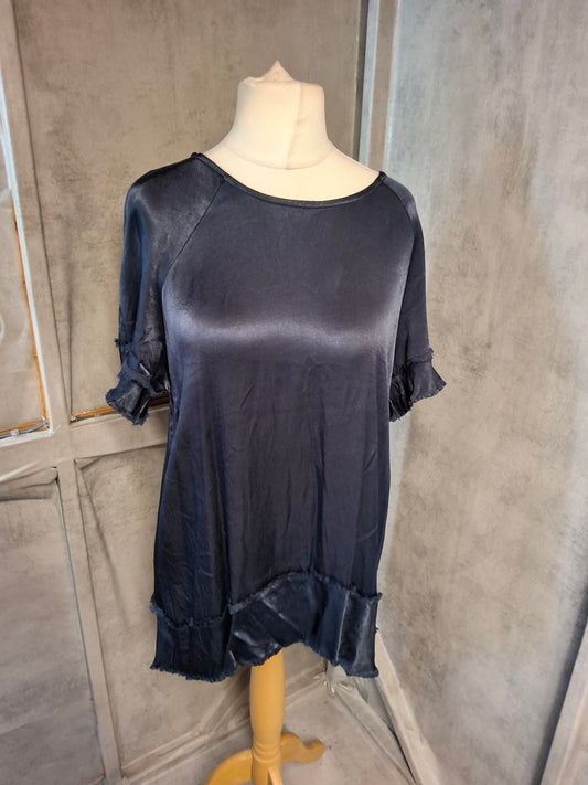 Milla Navy Silky-Look Frill Sleeve Top – Size L (12/14) – Floaty & Effortlessly Elegant