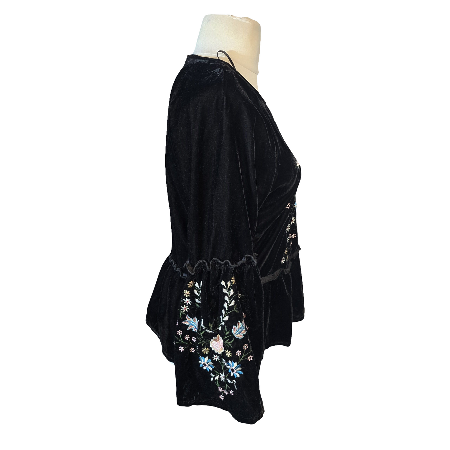 Tu Black Velvet Floral Embroidered Peplum Blouse – Size 12