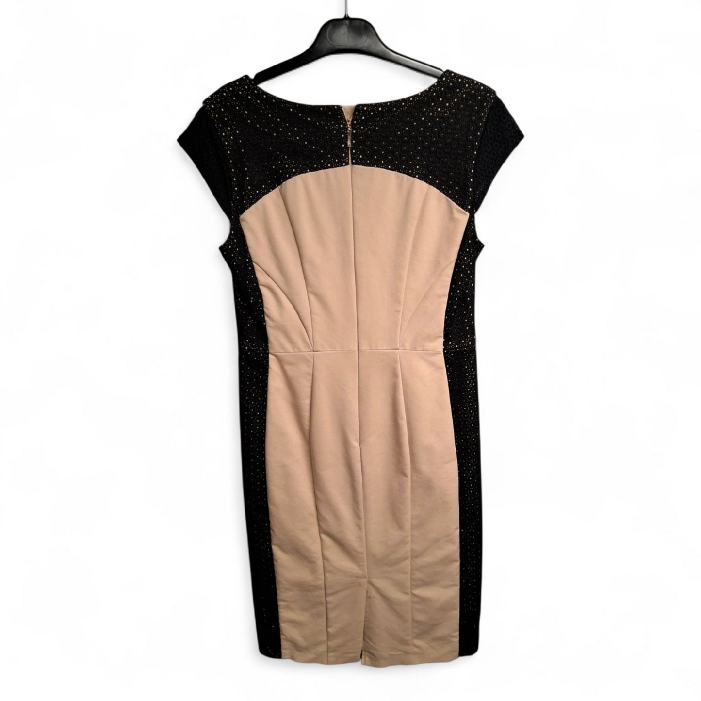 Autograph Beige & Black Pencil Dress – Size 10 – V-Neck Midi