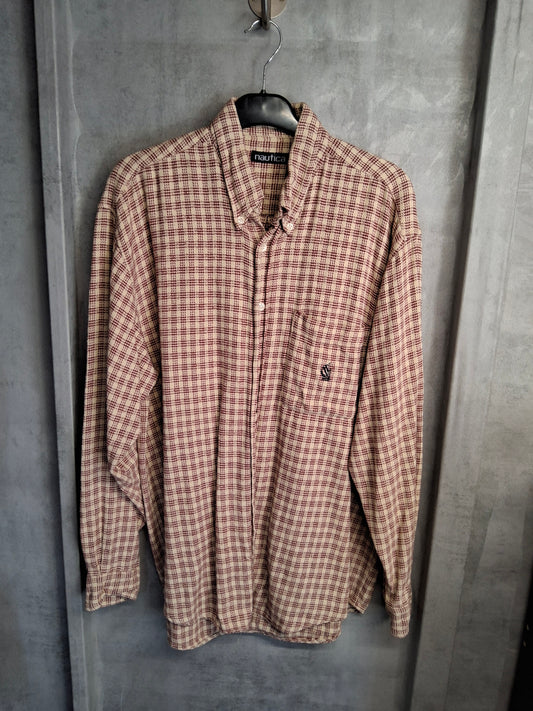 Men's Vintage 90s Nautica red & beige checked brushed cotton shirt L