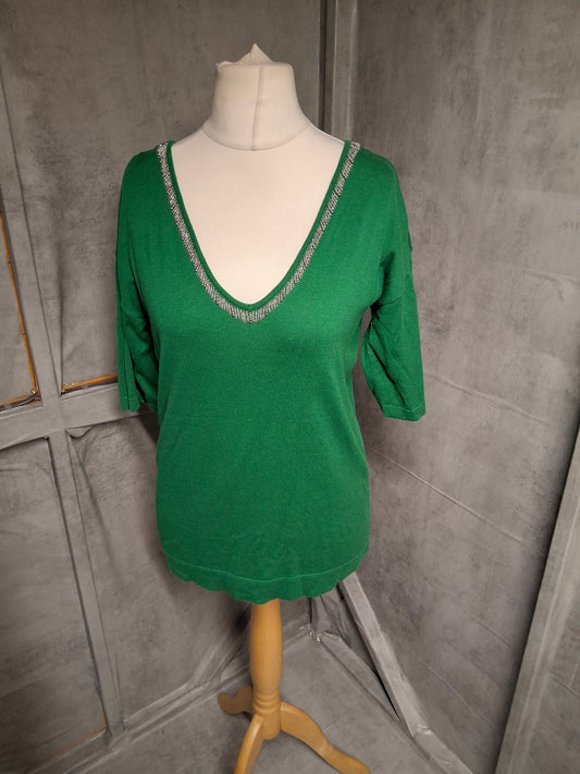 Next Green Embellished V-Neck ¾ Sleeve Top – Size 6 (Best for 8)
