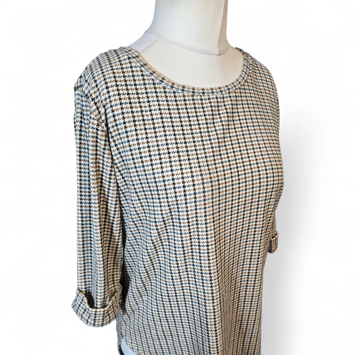 Beloved Beige & Brown 3/4 Sleeve Longline Top – Size L (Fits UK size 12)