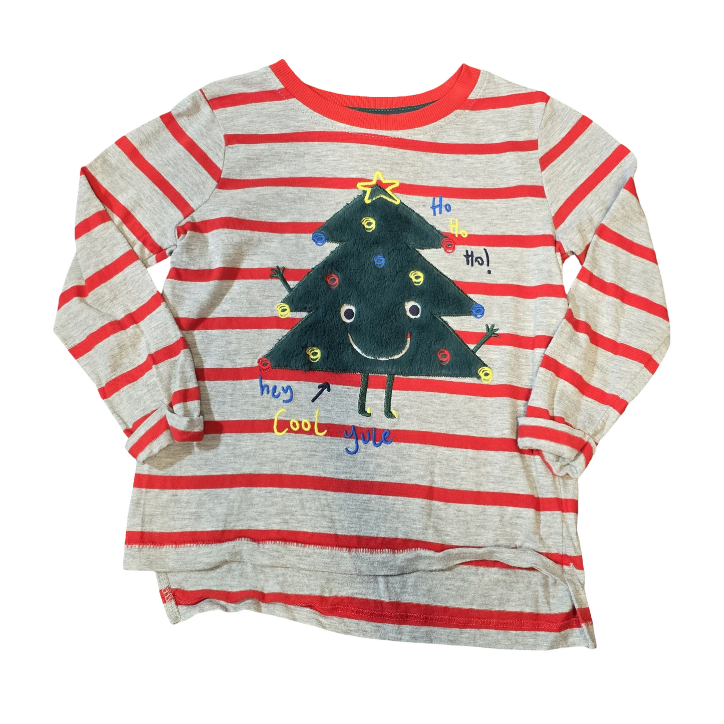 George Grey & Red Striped Xmas Top – Age 2–3 – Fluffy Tree Design