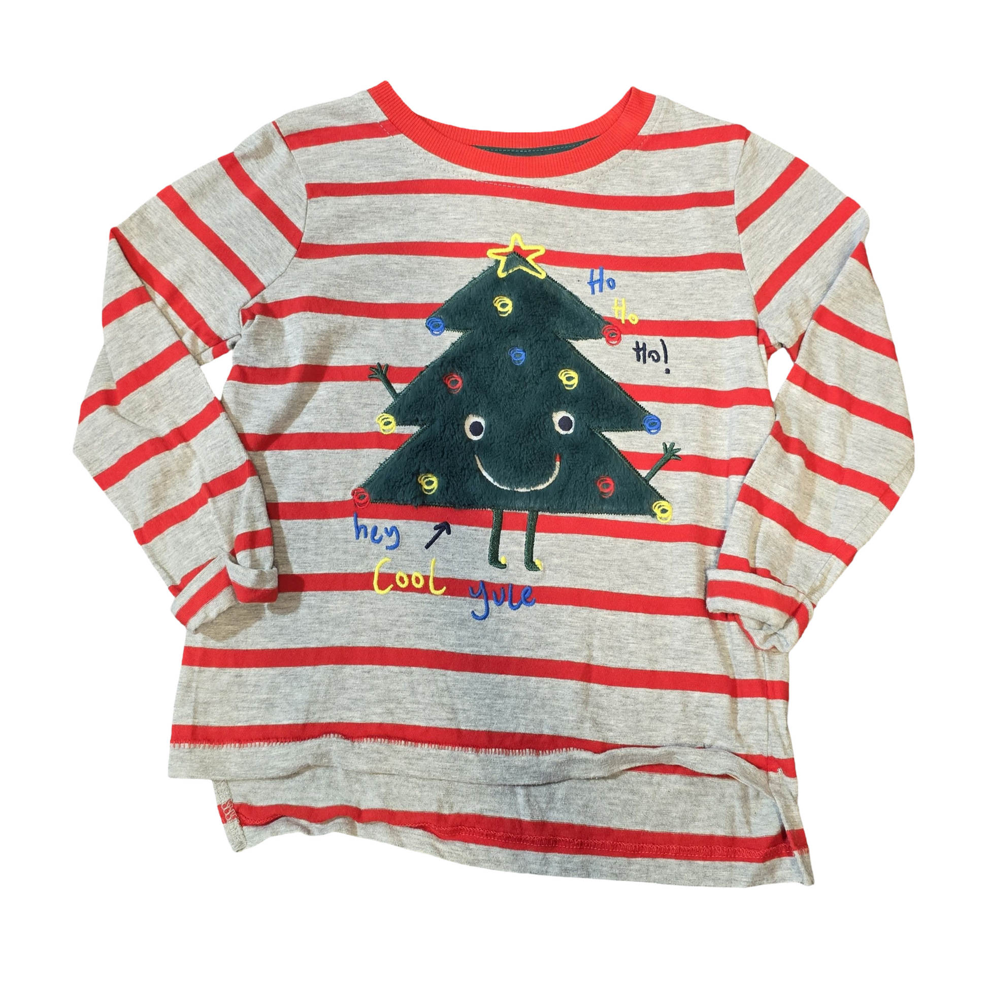 George Grey & Red Striped Xmas Top – Age 2–3 – Fluffy Tree Design