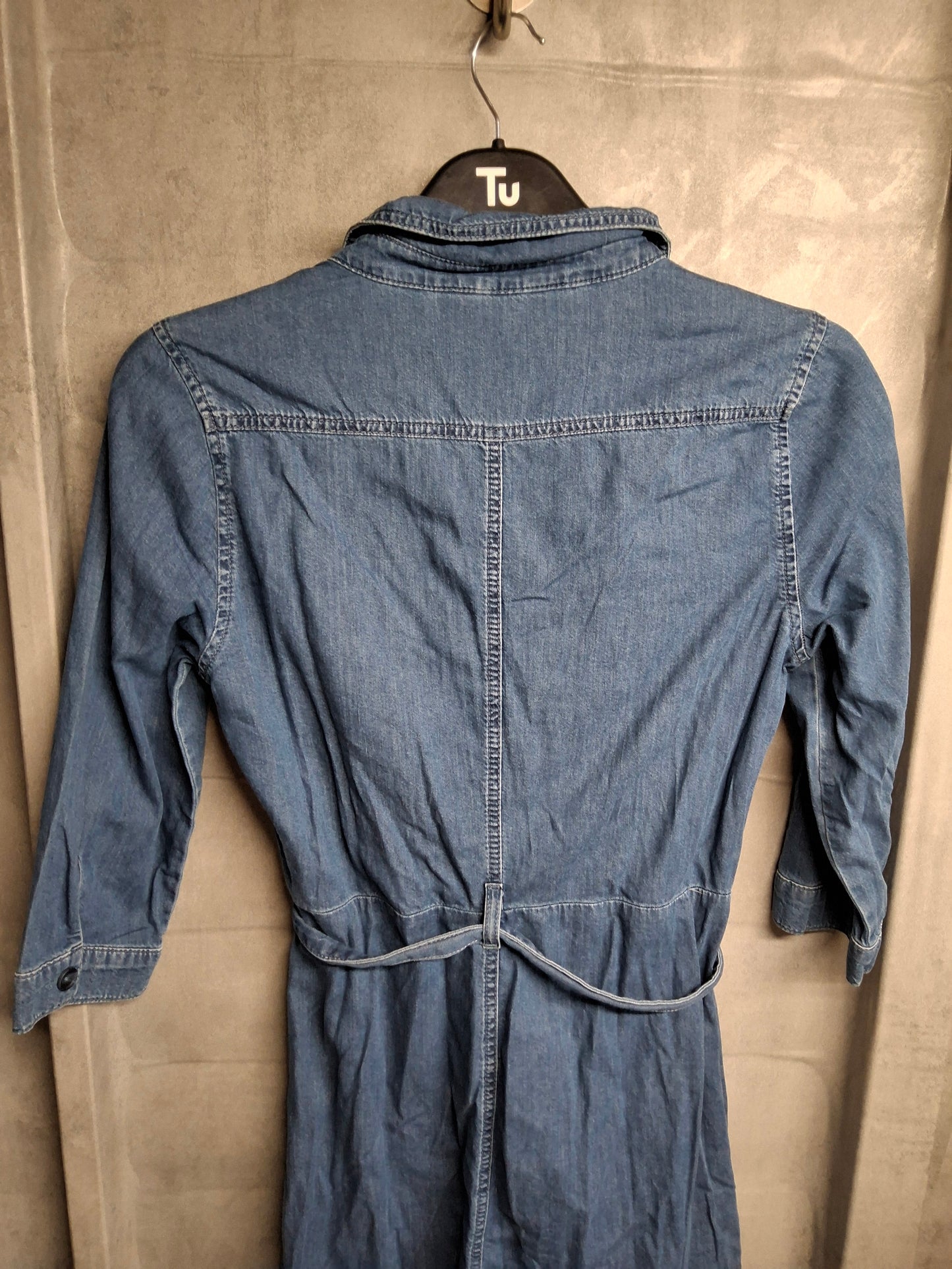 Miss Selfridge Denim Mini Dress – Size 12 – 3/4 Sleeve – Belted Shirt Dress – 100% Cotton