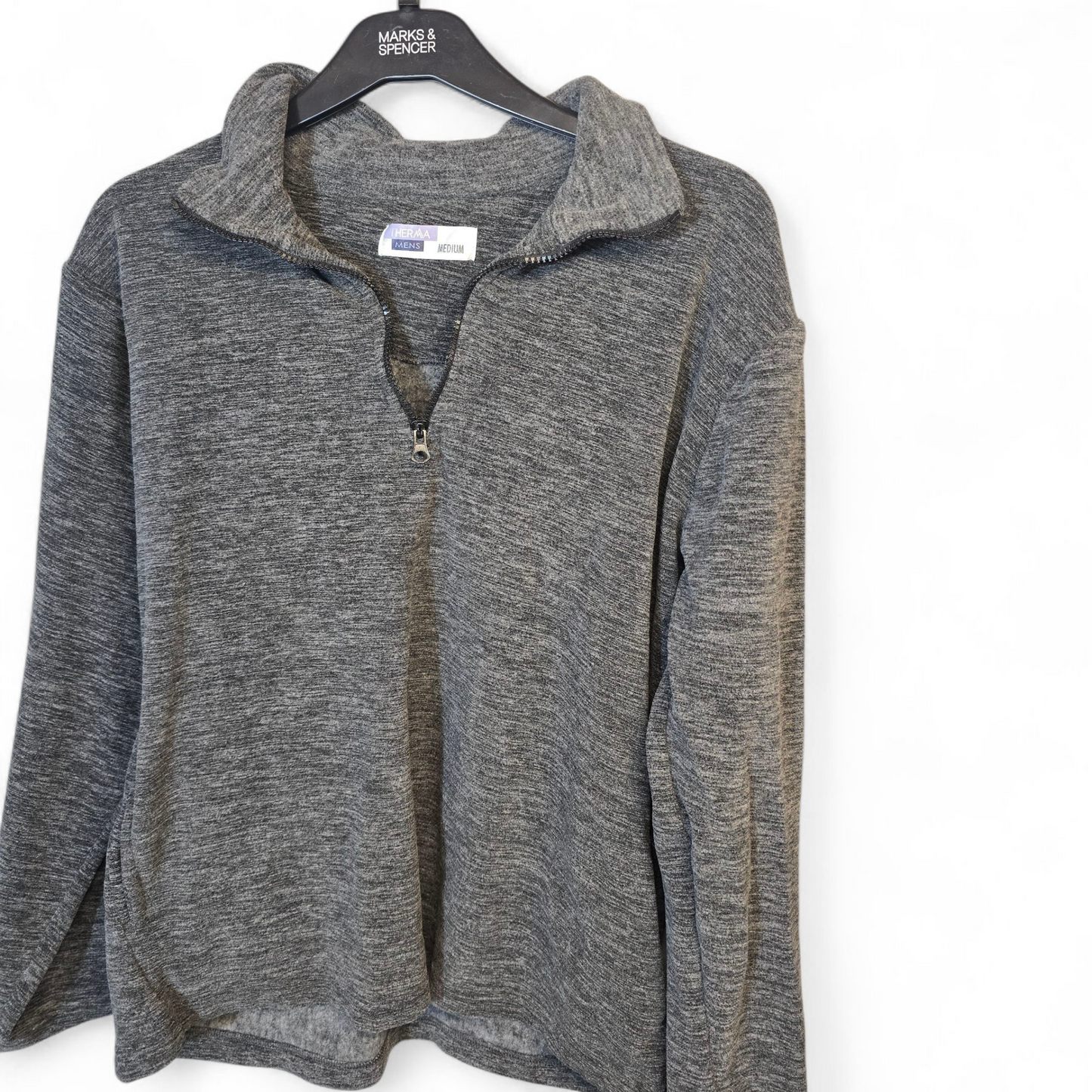 Men's Therma Grey Fleeced 1/4 Zip Jumper with Pockets – Size Med