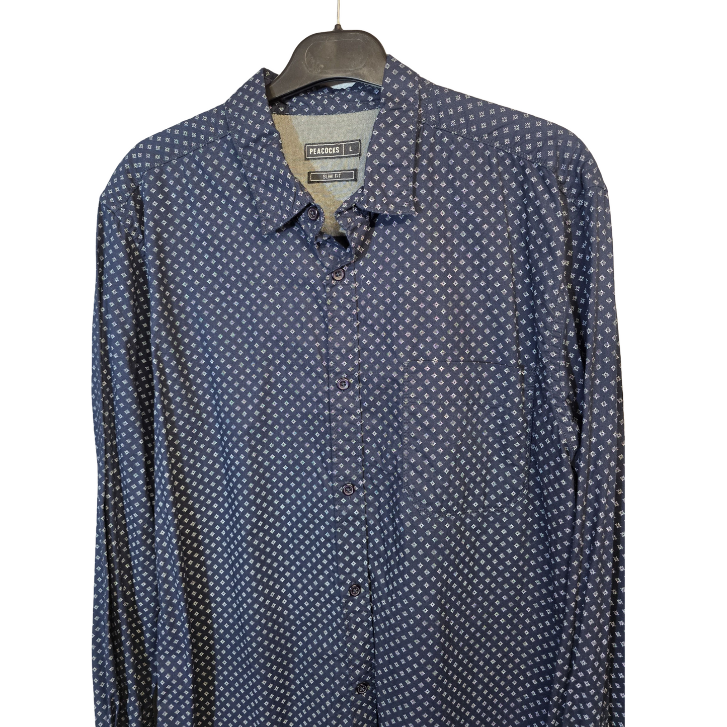 Peacocks Navy & White Patterned Slim Fit Shirt – Men’s Size L – 100% Cotton