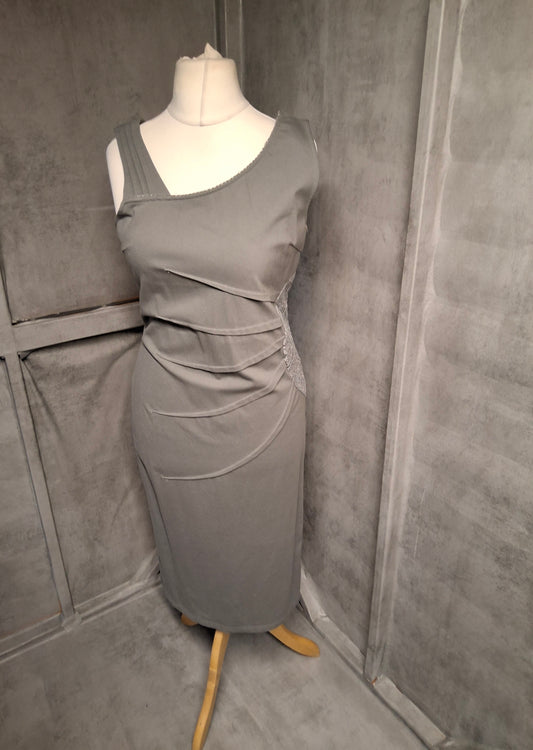 Ilanni Grey Bodycon Midi Dress – Size 12 – Lace Detail