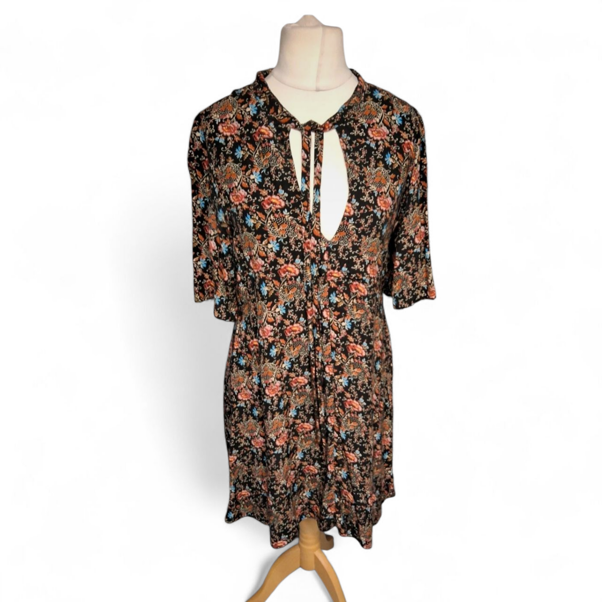 Cooperative Black Multicoloured Tie-Neck Dress – Size M (UK size  10/12) – 100% Viscose