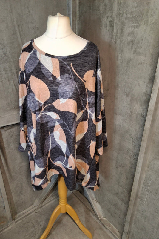 Bonmarché Navy, Pink & Grey Leaf Print Jumper – Size 24, Relaxed Fit, 3/4 Sleeves, Polyester