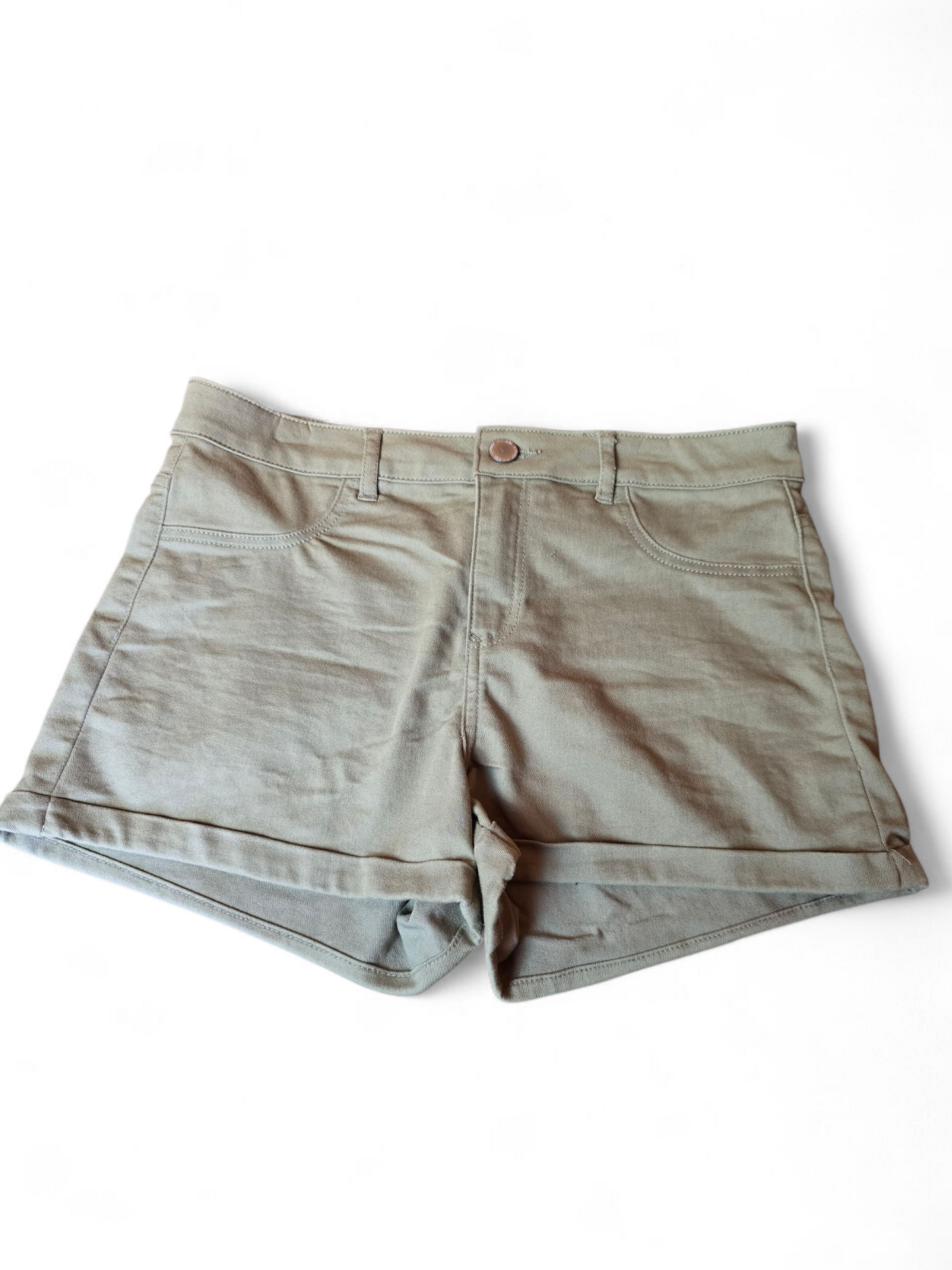 H&M Khaki Green Denim Mini Shorts Size 12 – High Waisted, Pockets, Casual Summer Style