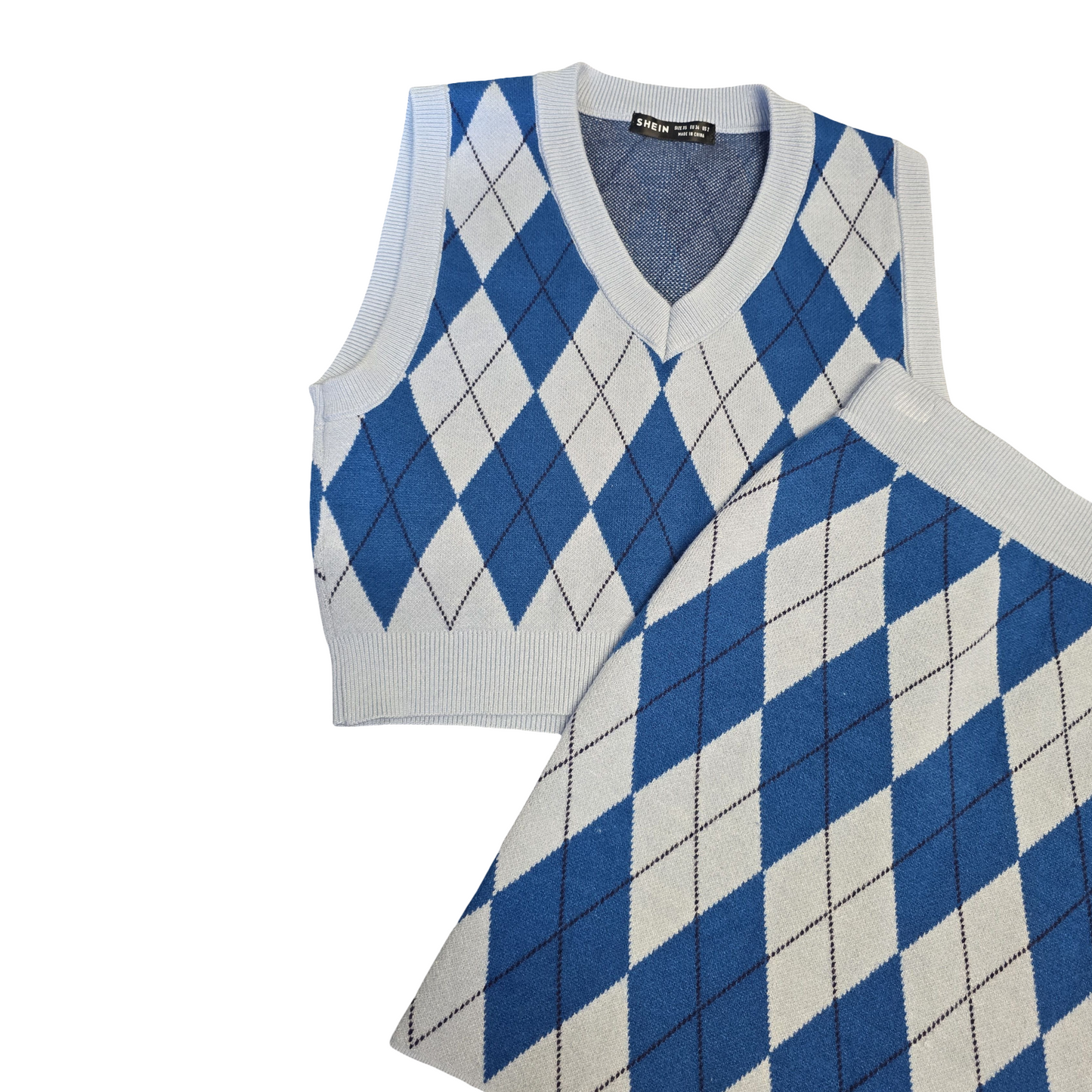 Shein Blue Argyle Knit 2 Piece Set – Mini Skirt & Crop Tank Top – Size XS