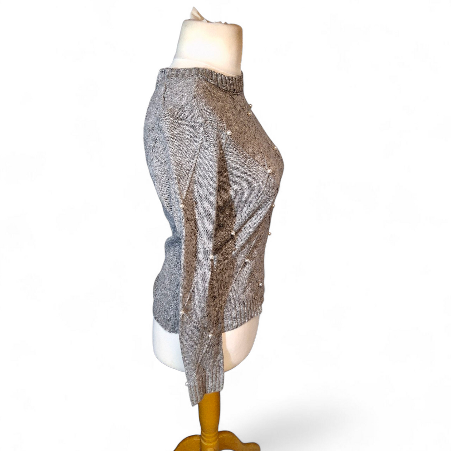 Shein Grey Knit Jumper – Pearl Detail – Size Small (UK size 8) – 100% Polyester