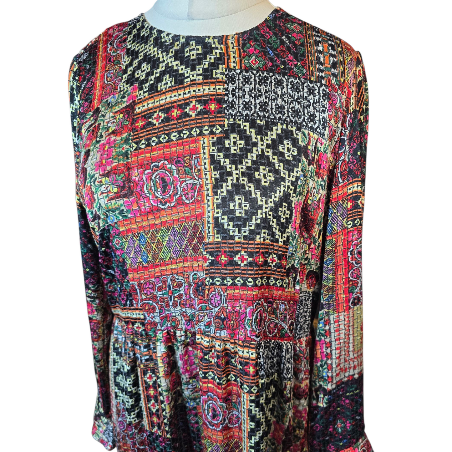 Zara Multicoloured Patchwork Velvet-Feel Midi Dress – Size L (UK size 12/14)