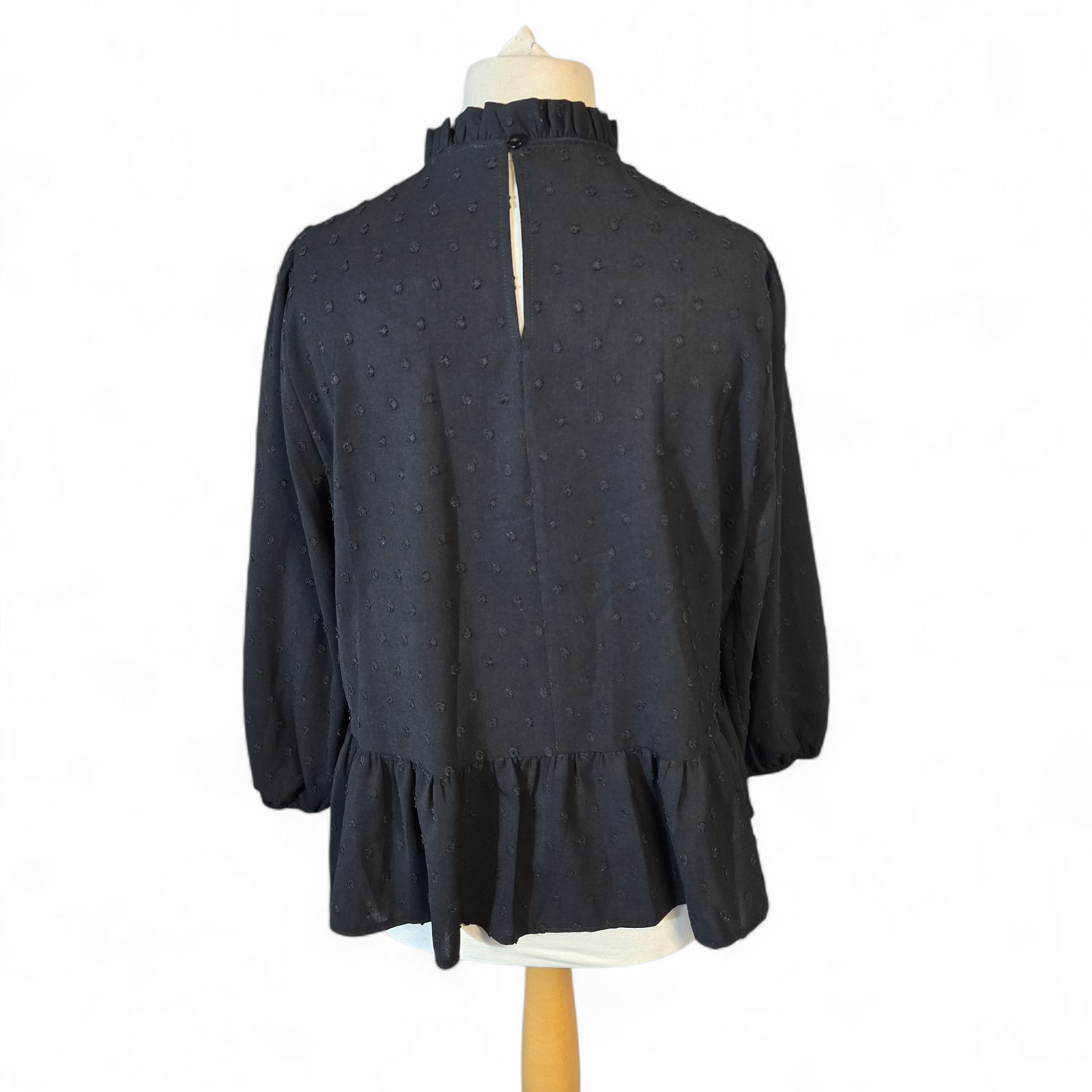 Matalan Black Peplum Blouse – Frilly Neck, ¾ Sleeves & Embossed Polka Dot Design – Size 16