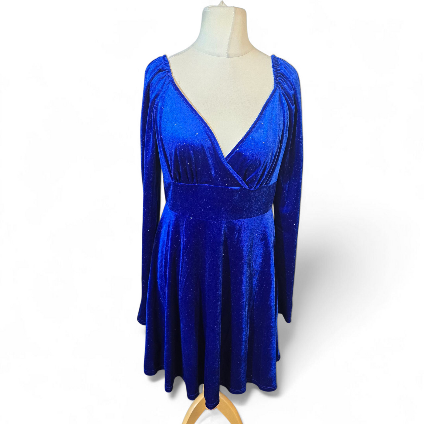 Shein Blue Glitter Velvet Flared Dress – Size XL (UK size 14/16)