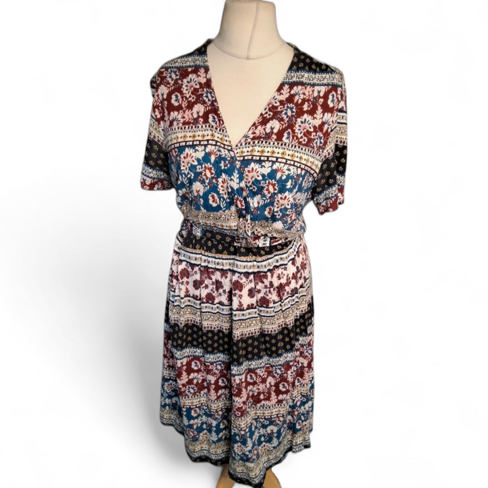 FatFace Mixed Floral Stripe Midi Dress – Size 14 – Boho Cool