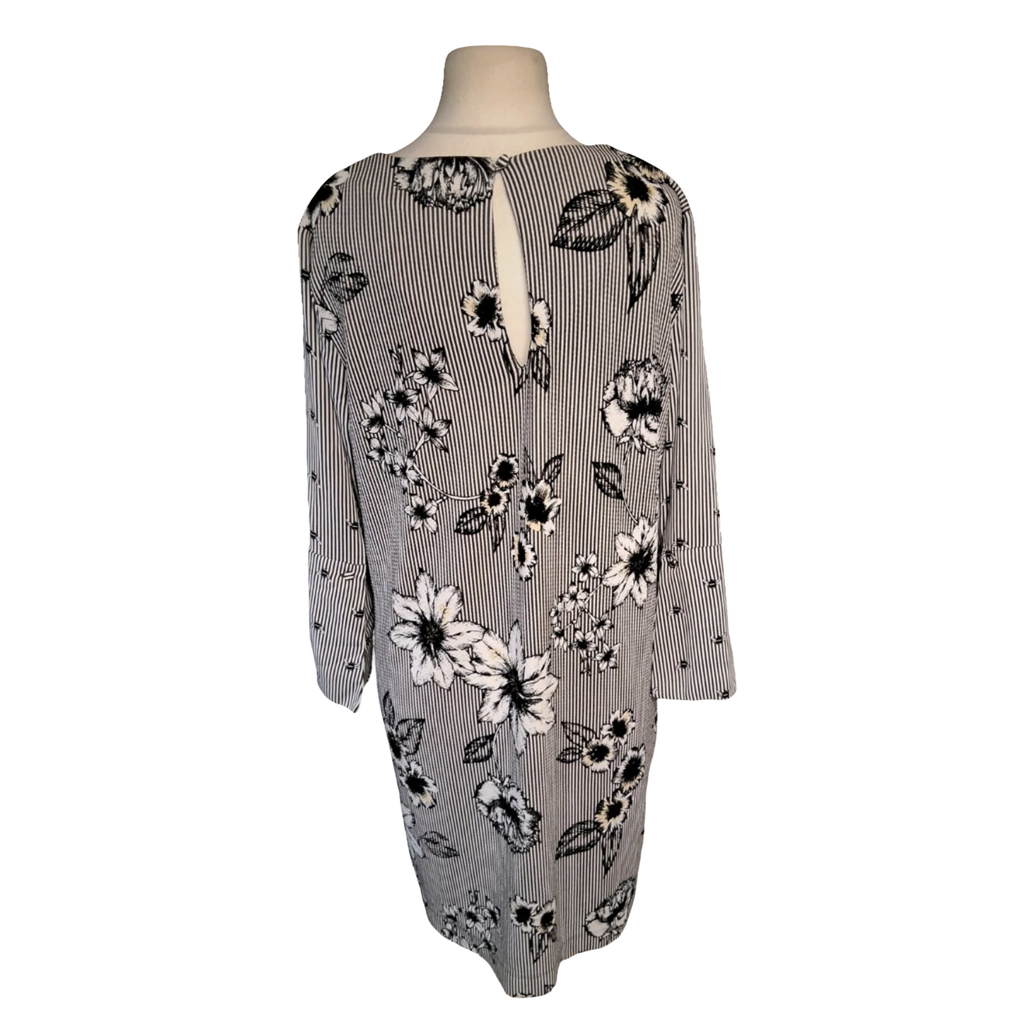 Next Black & White Stripe Floral Bee Print Midi Dress – Long Sleeves, Size 16, Polyester