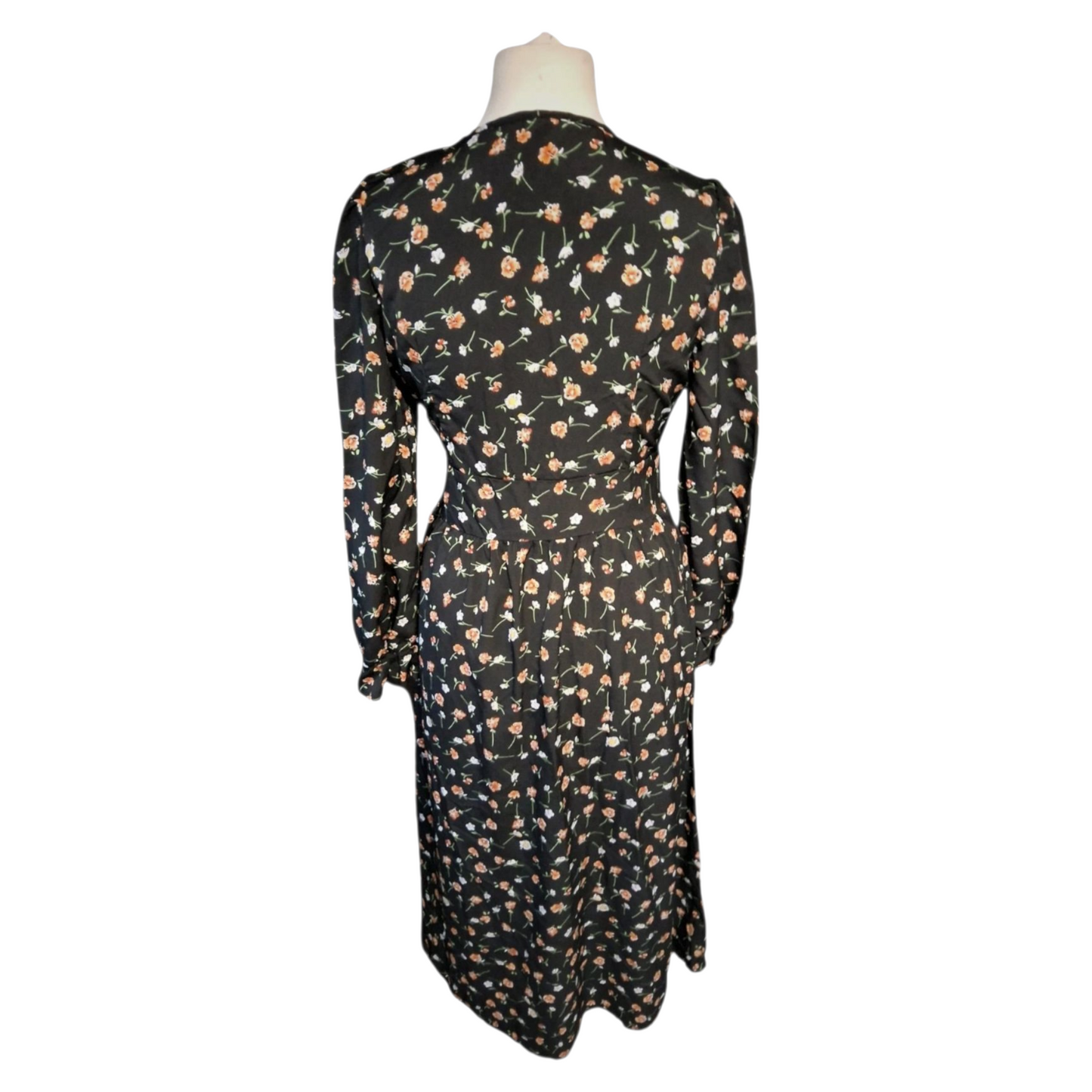Shein Black Floral Midi Dress – Size M (UK size 10) – Button Front, Long Sleeves, Elastic Cuffs
