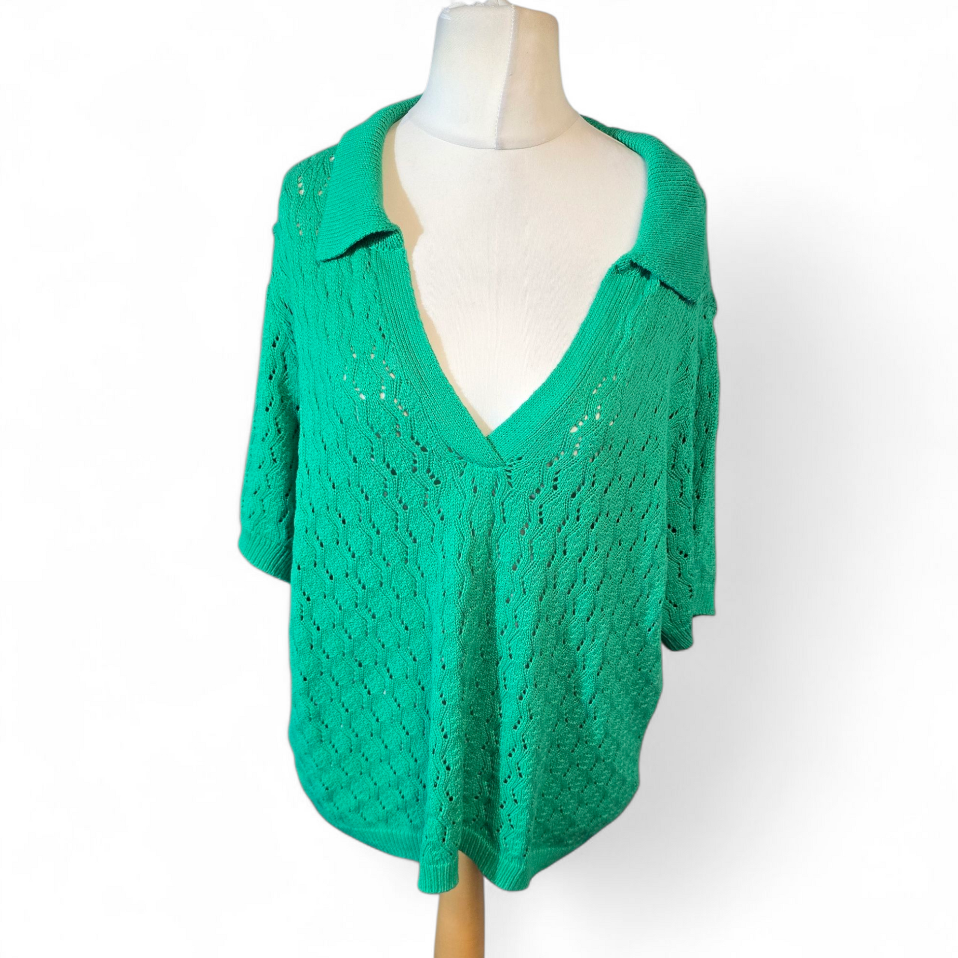 Matalan Green Crochet Jumper – Collared Neckline – Size L (18/20)