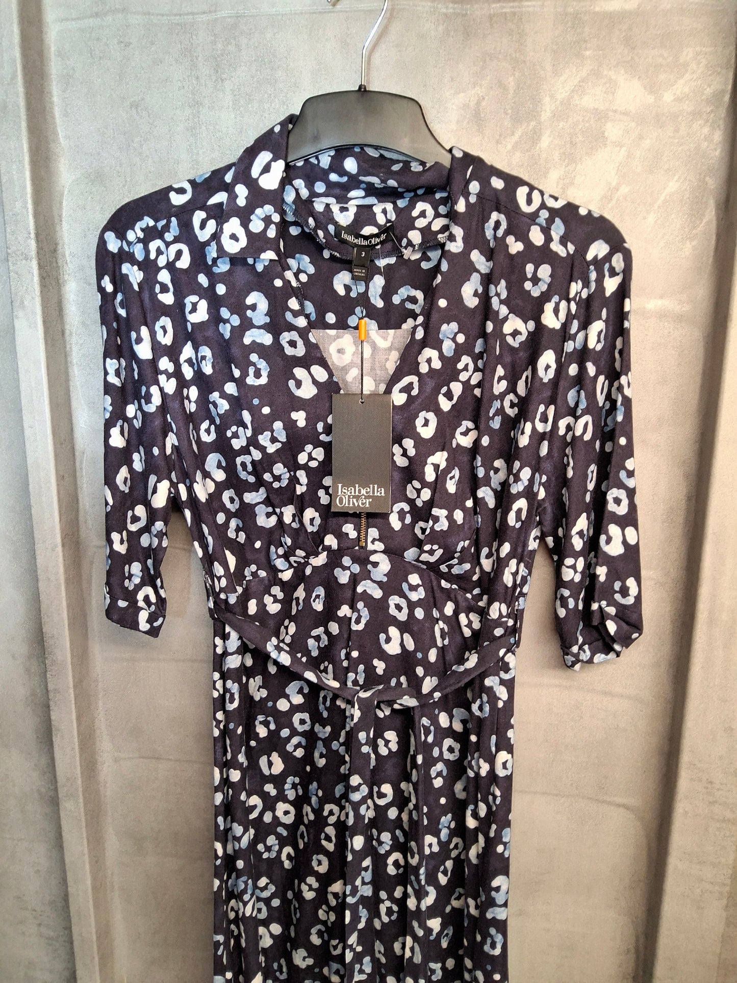 Isabella Oliver Navy Animal Print Maternity Nursing Dress – Size 12, Belted, RRP £129