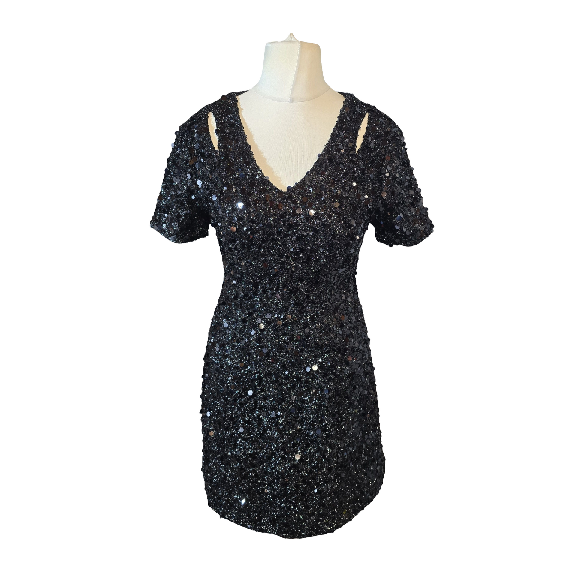Warehouse Black Sequin Mini Dress – Size 10