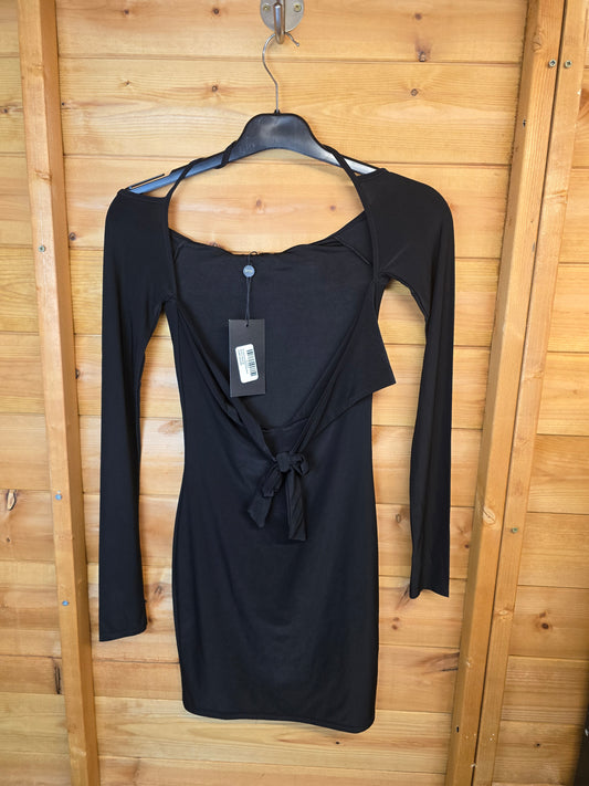 EGO Black Mini Dress Size 6 – Long Sleeves, Knotted Front, Bodycon Style, New with Tags