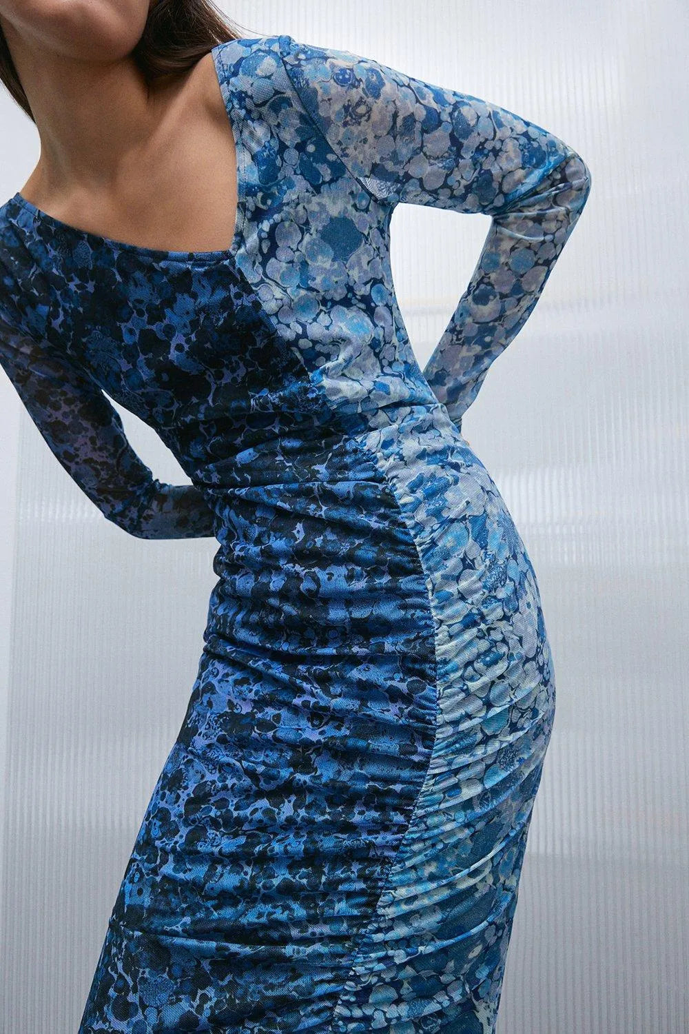 Warehouse Petite Blue Ruched Midi Dress – Size 14