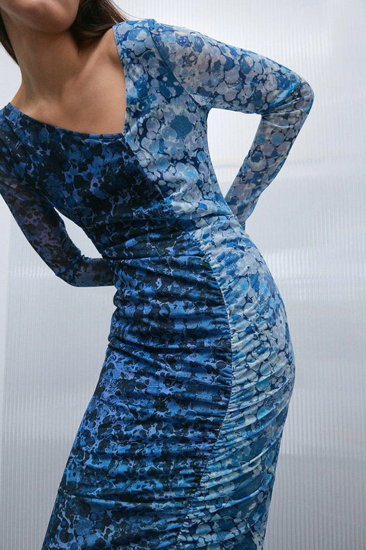 Warehouse Petite Blue Ruched Midi Dress – Size 14