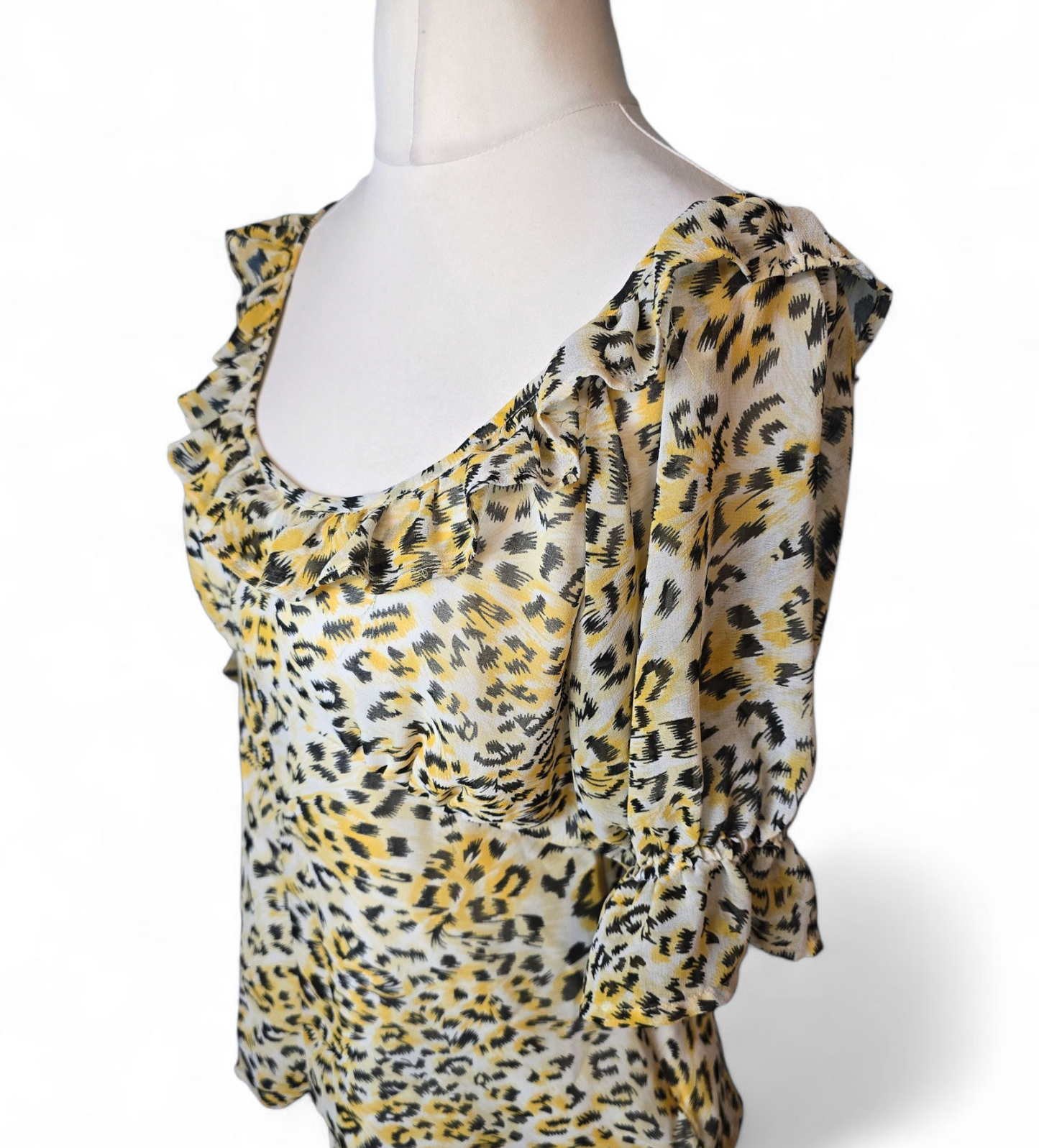 ASOS Yellow & Black Leopard Print Top | Size 12 UK | V-Neck & Sheer Sleeves