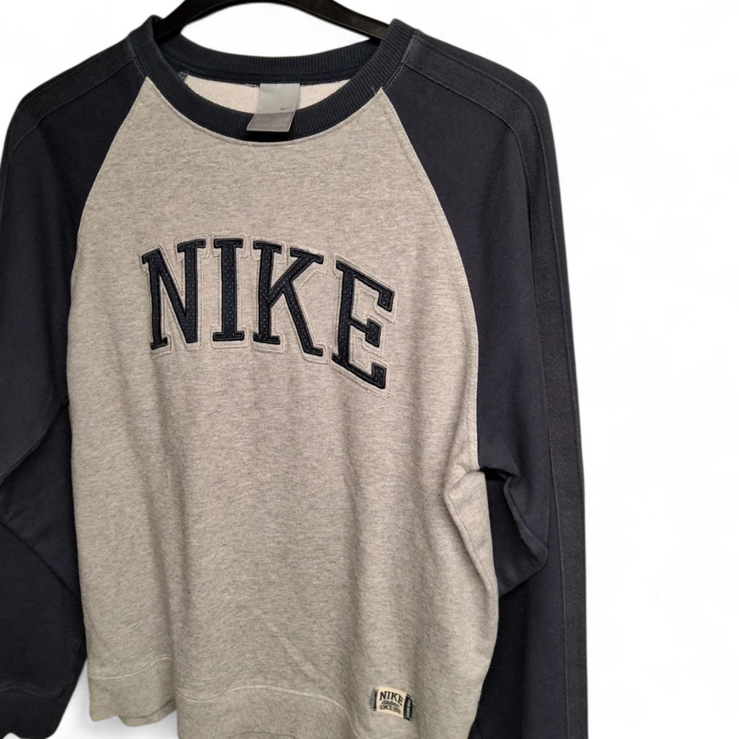Men's Y2K Nike Grey & Navy Sweater – Small, Long Sleeve, Crew Neck, Logo Front, Sporty Retro Fit