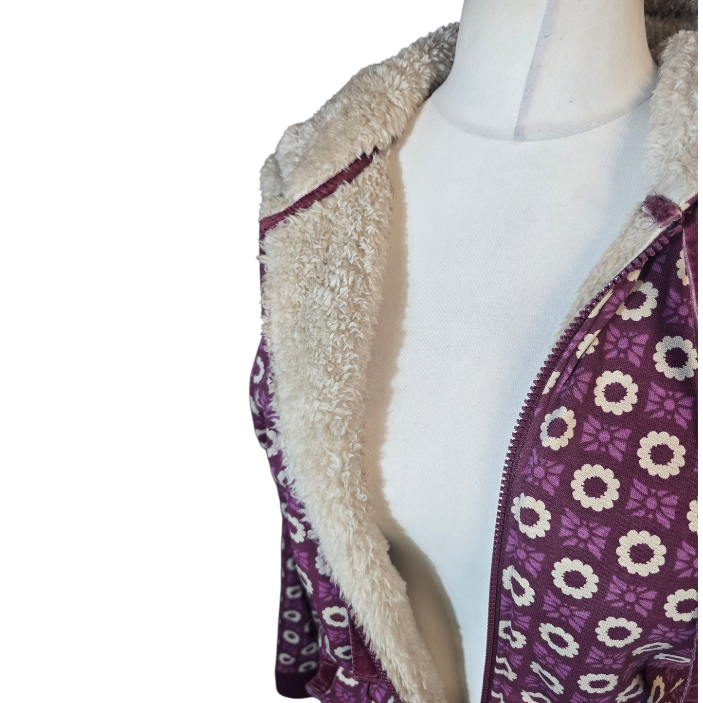 Country Rose Purple & Cream Floral Fleece-Lined Hoodie – Size Small (UK size 10/12)