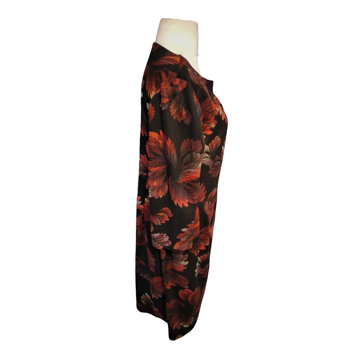 Roman Black & Red Floral Midi Dress – Long Sleeves, Pockets, Size 18 – Viscose/Polyester