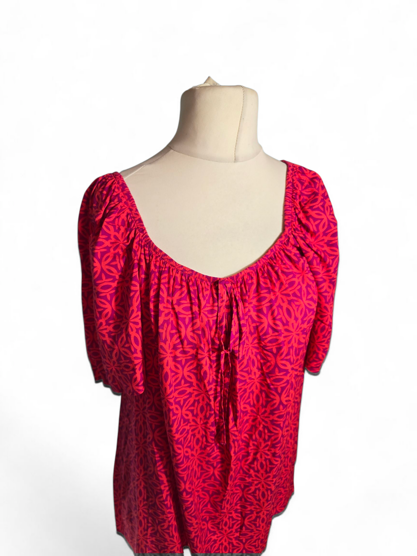 Matalan Purple & Red Flared Top | Size 16 UK | Elastic Neck & Bow | NWT