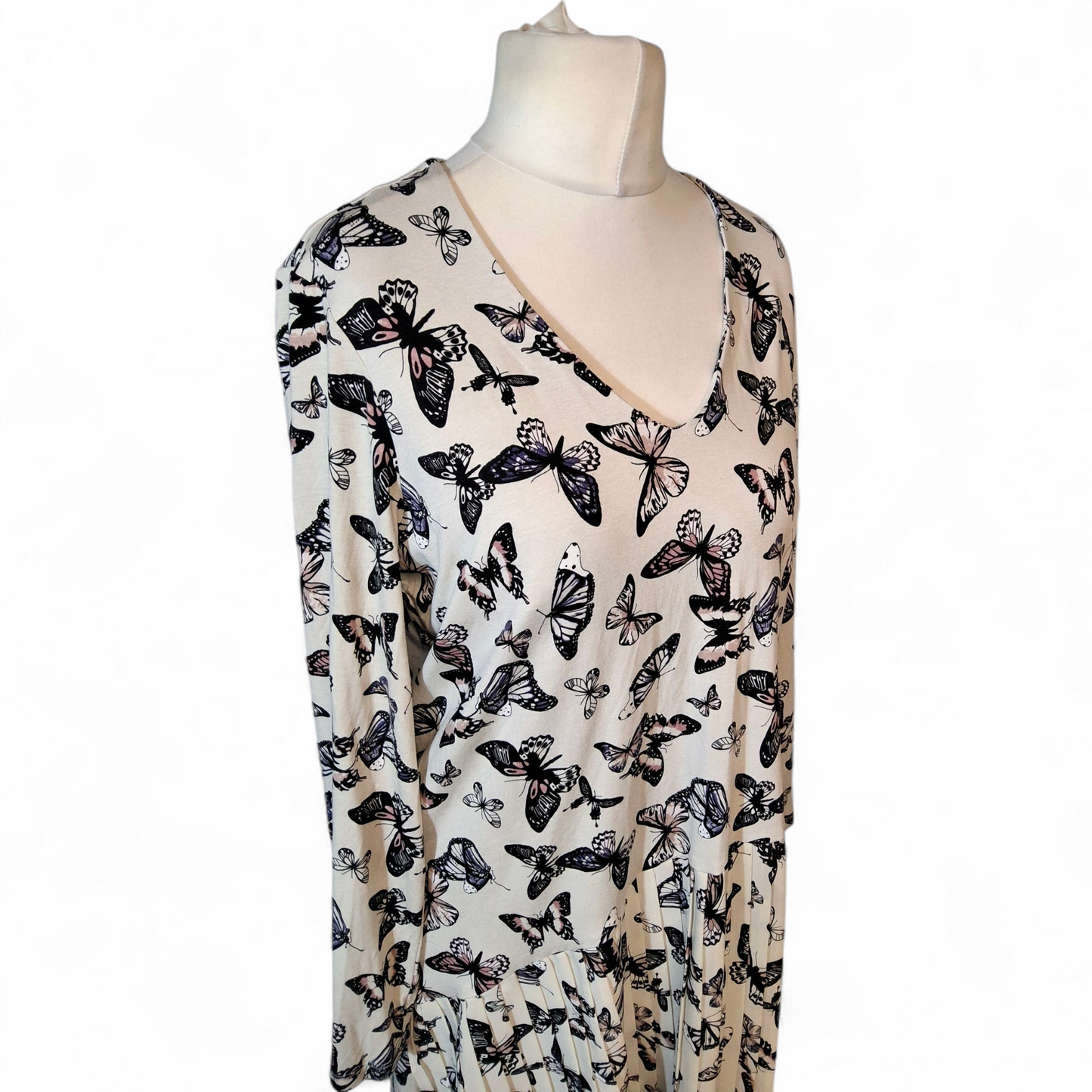 Per Una Cream Butterfly Print Long Top – UK 18 – Pleated Hem & Stretchy Viscose