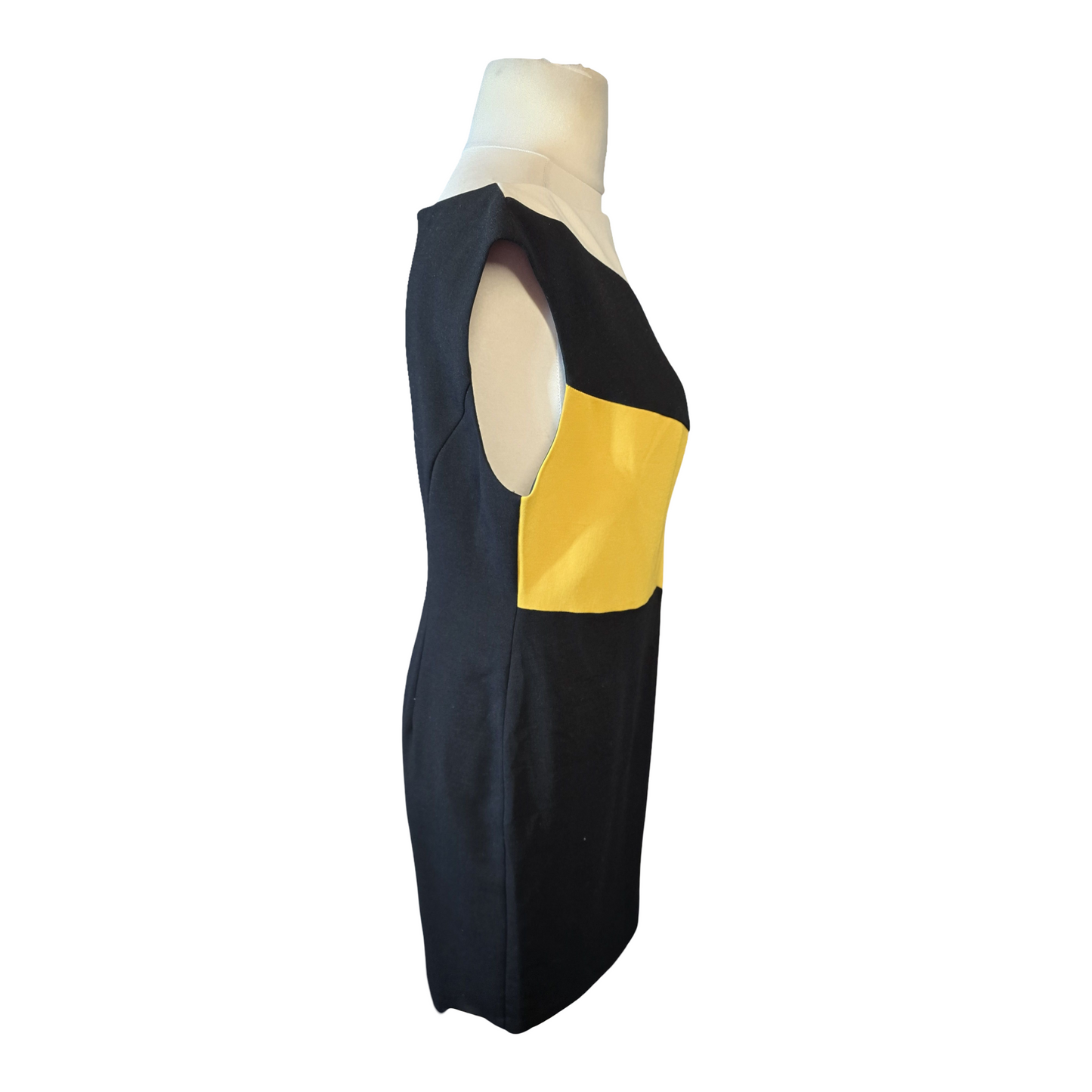 Marks & Spencer Black Yellow White Colour Block Midi Shift Dress – Size 14R