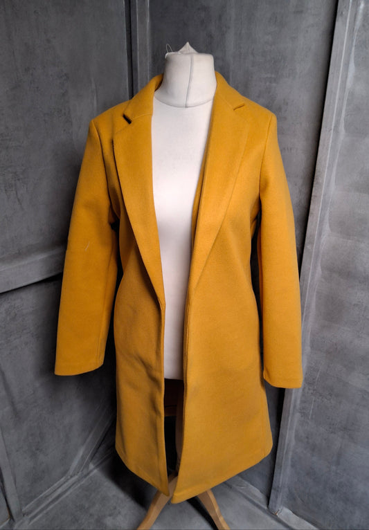 F&F Mustard Yellow Open Front Midi Coat – Size Small (size 8–10) – Bright & Chic