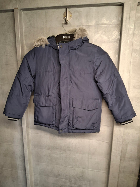 F&F Boys Navy Winter Coat – Faux Fur Hood, Age 5–6yrs
