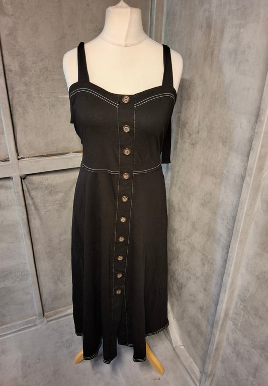 ASOS Black Cotton Midi Dress – Size 12 – Tie Shoulder & Front Slit
