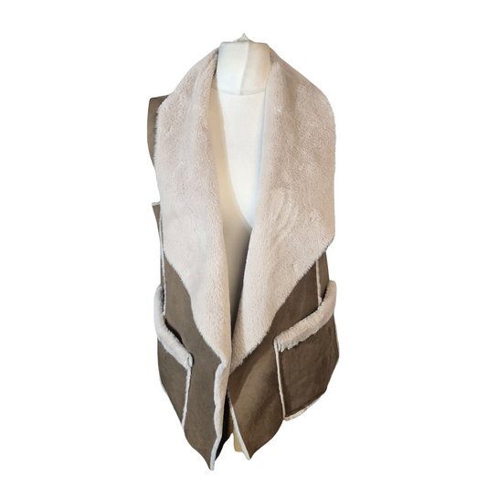 Primark Brown & Cream Fleece-Lined Sleeveless Gilet – Size 6 (Oversized Fit to 8)