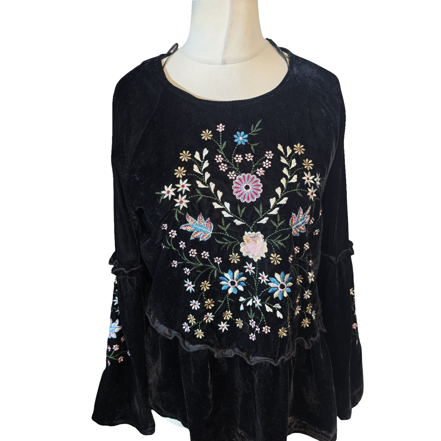 Tu Black Velvet Floral Embroidered Peplum Blouse – Size 12