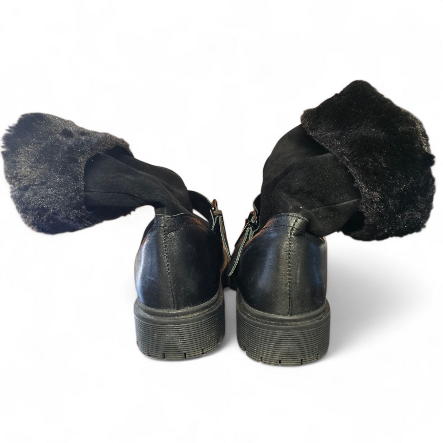 Next Black Faux Fur Ankle Boots – Size 7 – Leather & Suede Mix with Buckle Detail