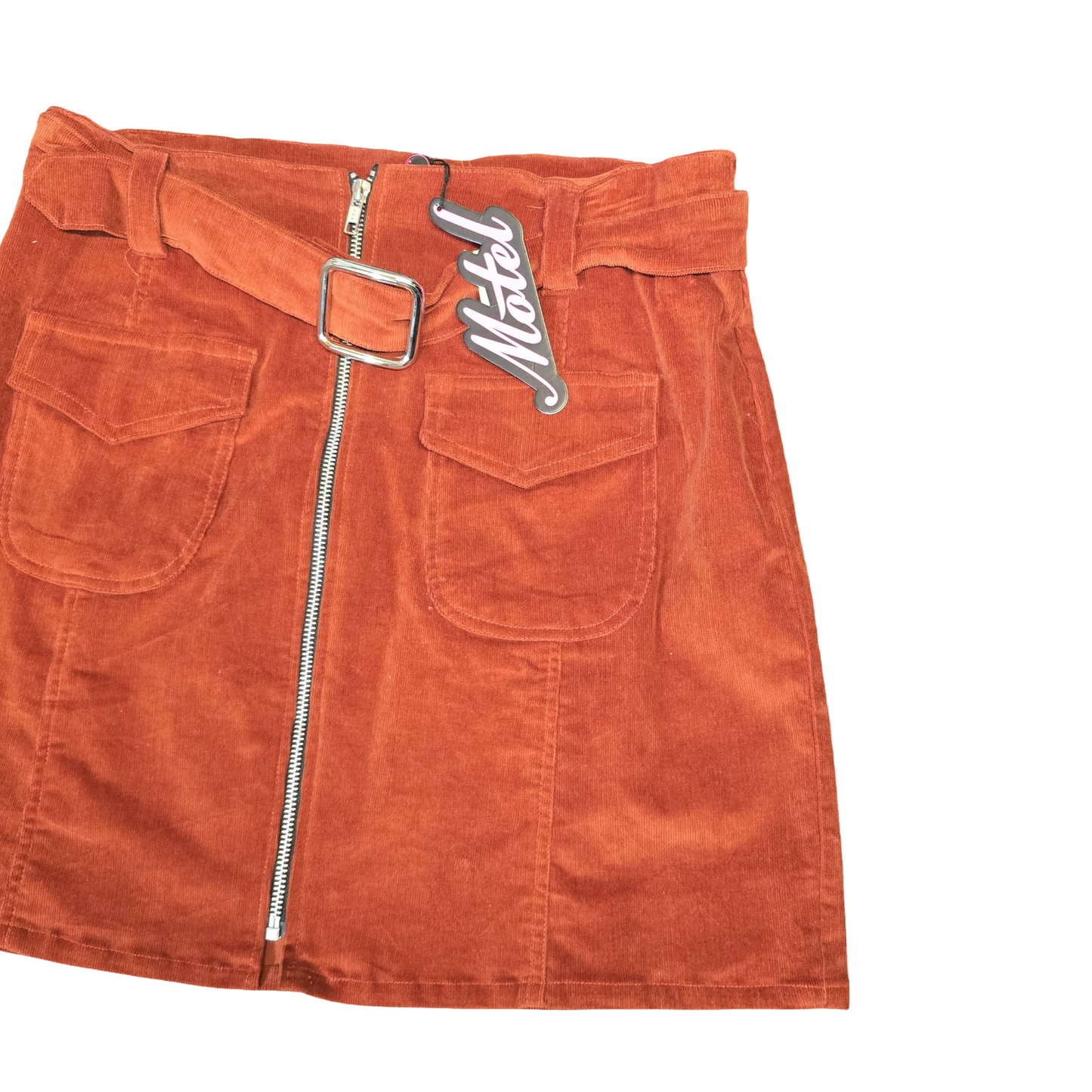 Motel Burnt Orange Cord Mini Skirt – Belted + Zip Front – Size 12