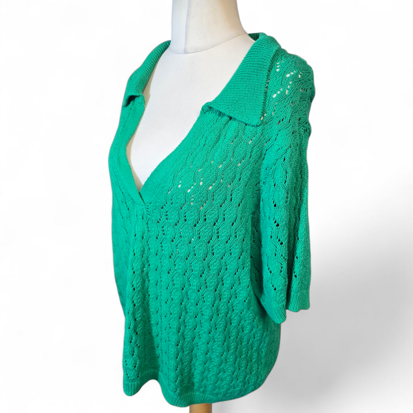 Matalan Green Crochet Jumper – Collared Neckline – Size L (size 18/20)