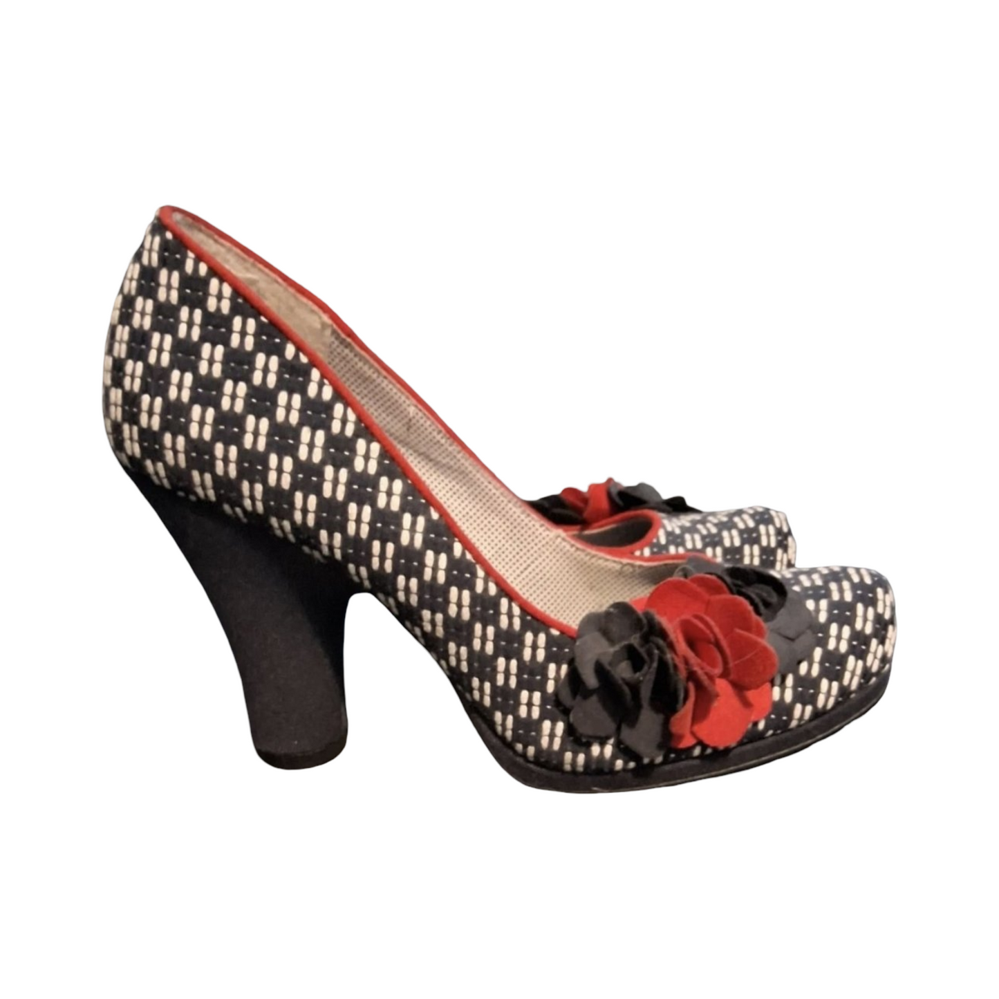 Ruby Shoo Navy White & Red Knit Design Block Heel Shoes – UK 5 – 9cm Heel
