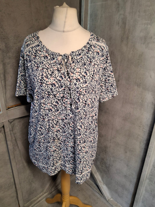Tu Navy, Coral & White Abstract Print Cotton Blouse – Size 16 – Tie Neckline